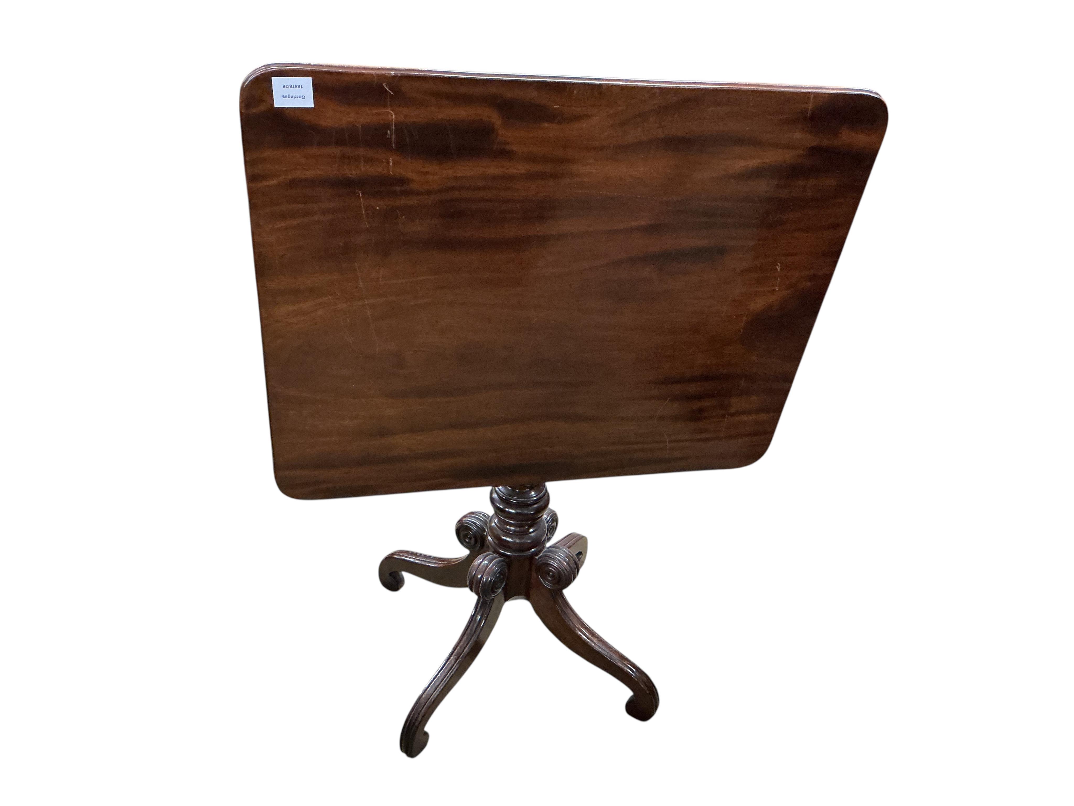 A Regency rectangular mahogany tilt top tea table, width 78cm, depth 63cm, height 71cm